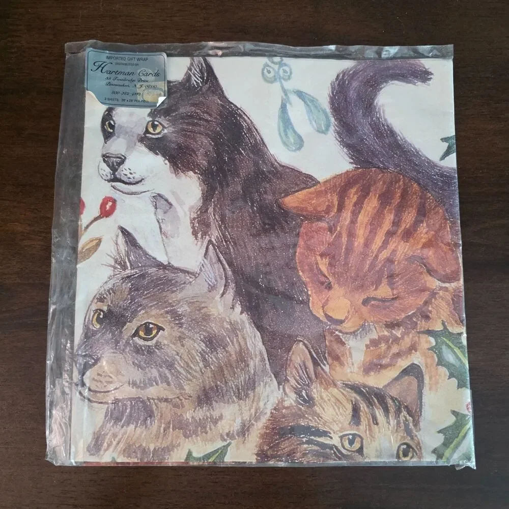 Vintage NIP Gift Wrap Paper Hartman Cards CATS 2 Sheets 20